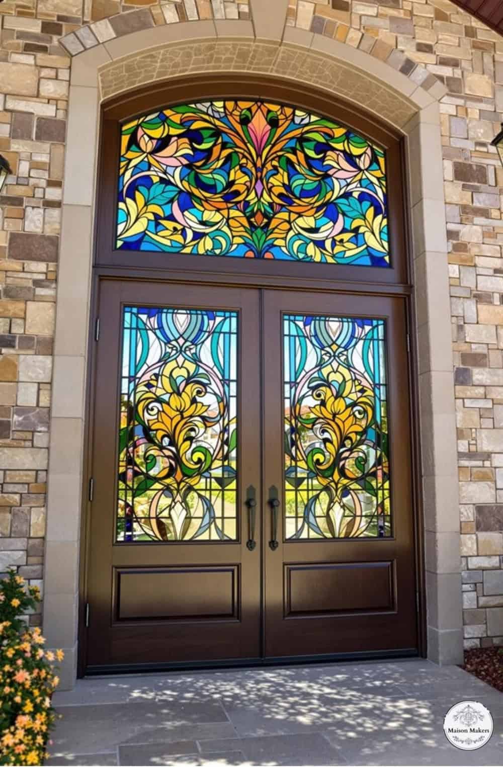 a stained glass front door with a decorative window above it