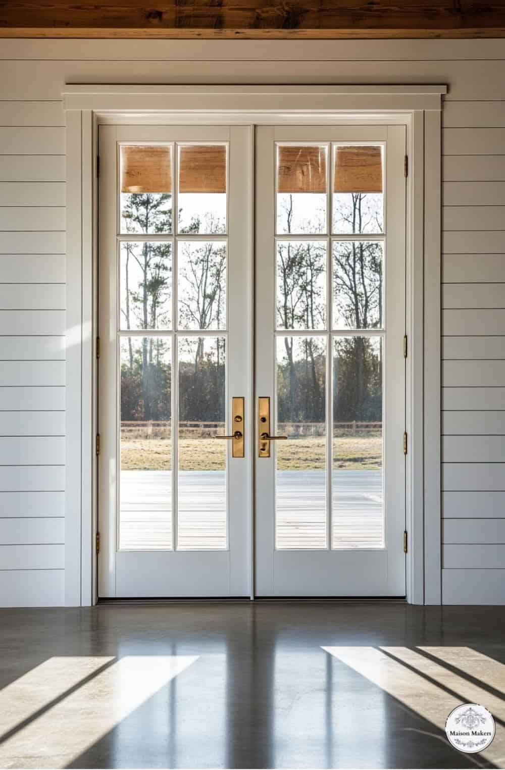 a pair of double doors in a white house