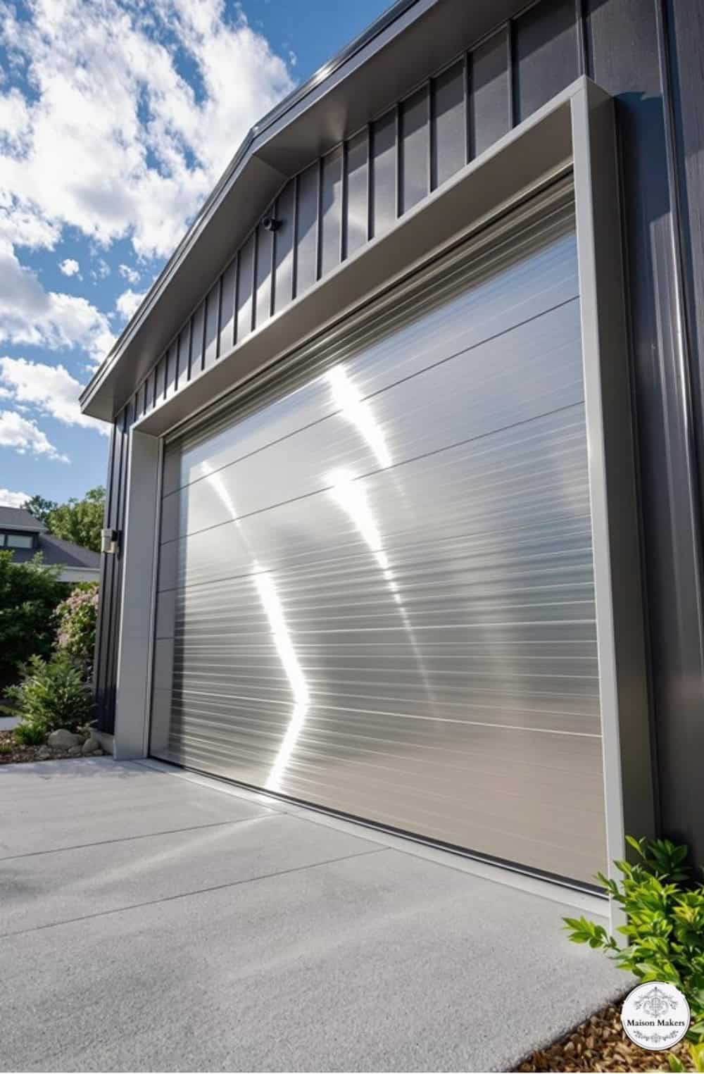 a large garage door with a sky background