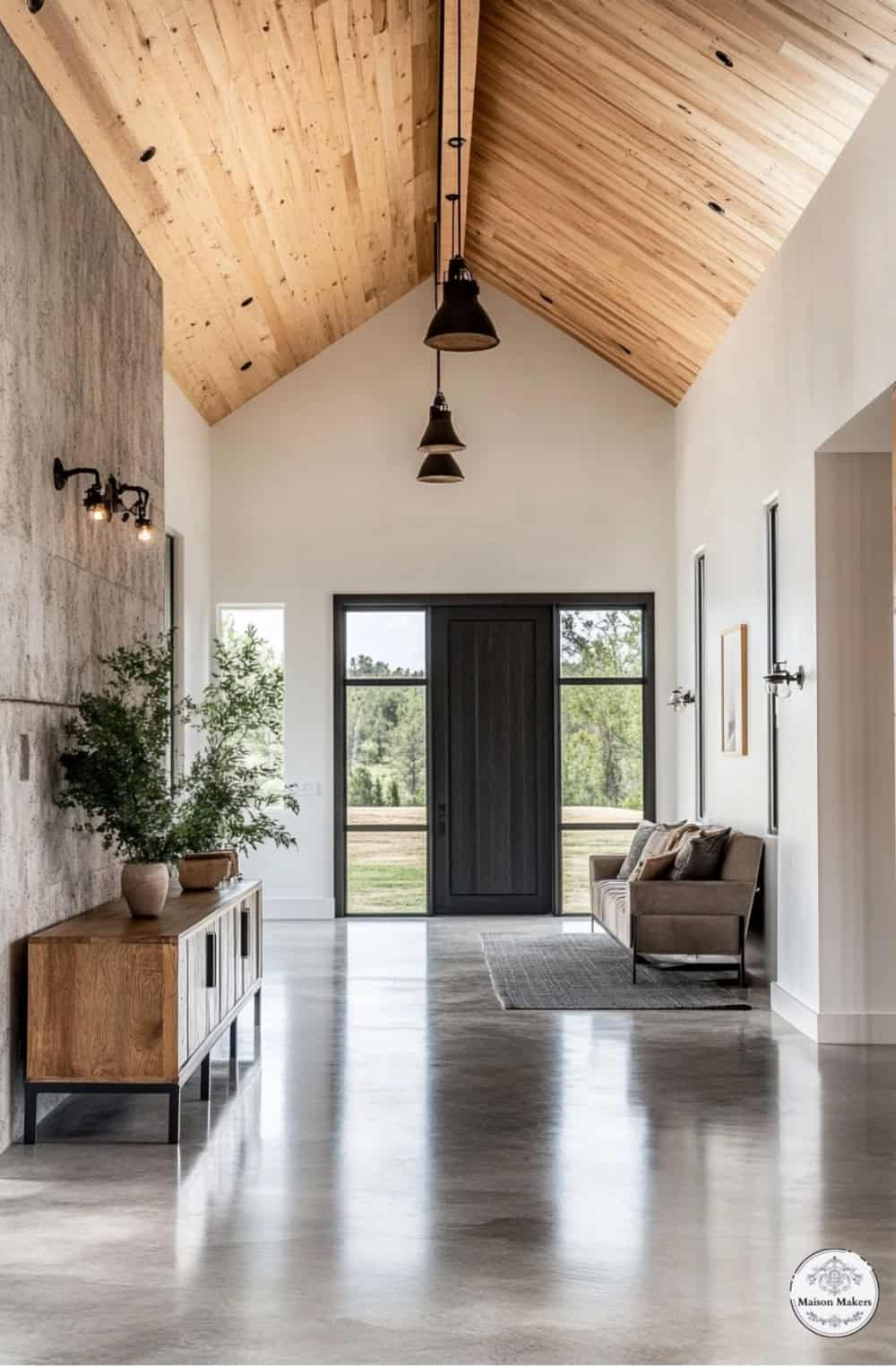 a living room with a couch a table and a door