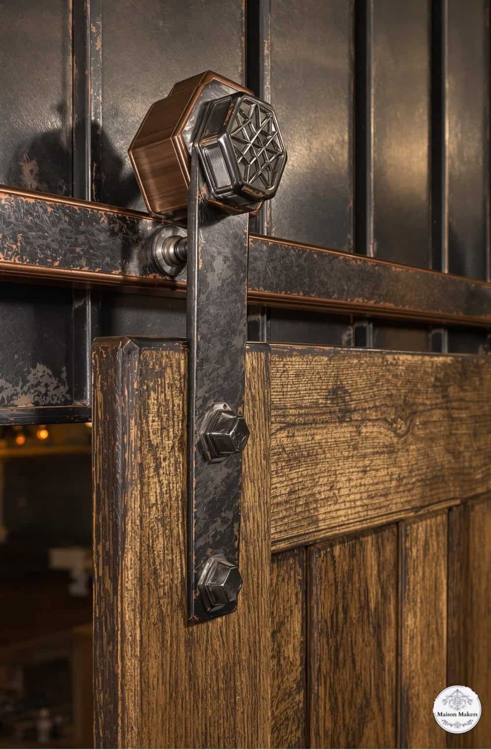 a close up of a door handle on a wooden door