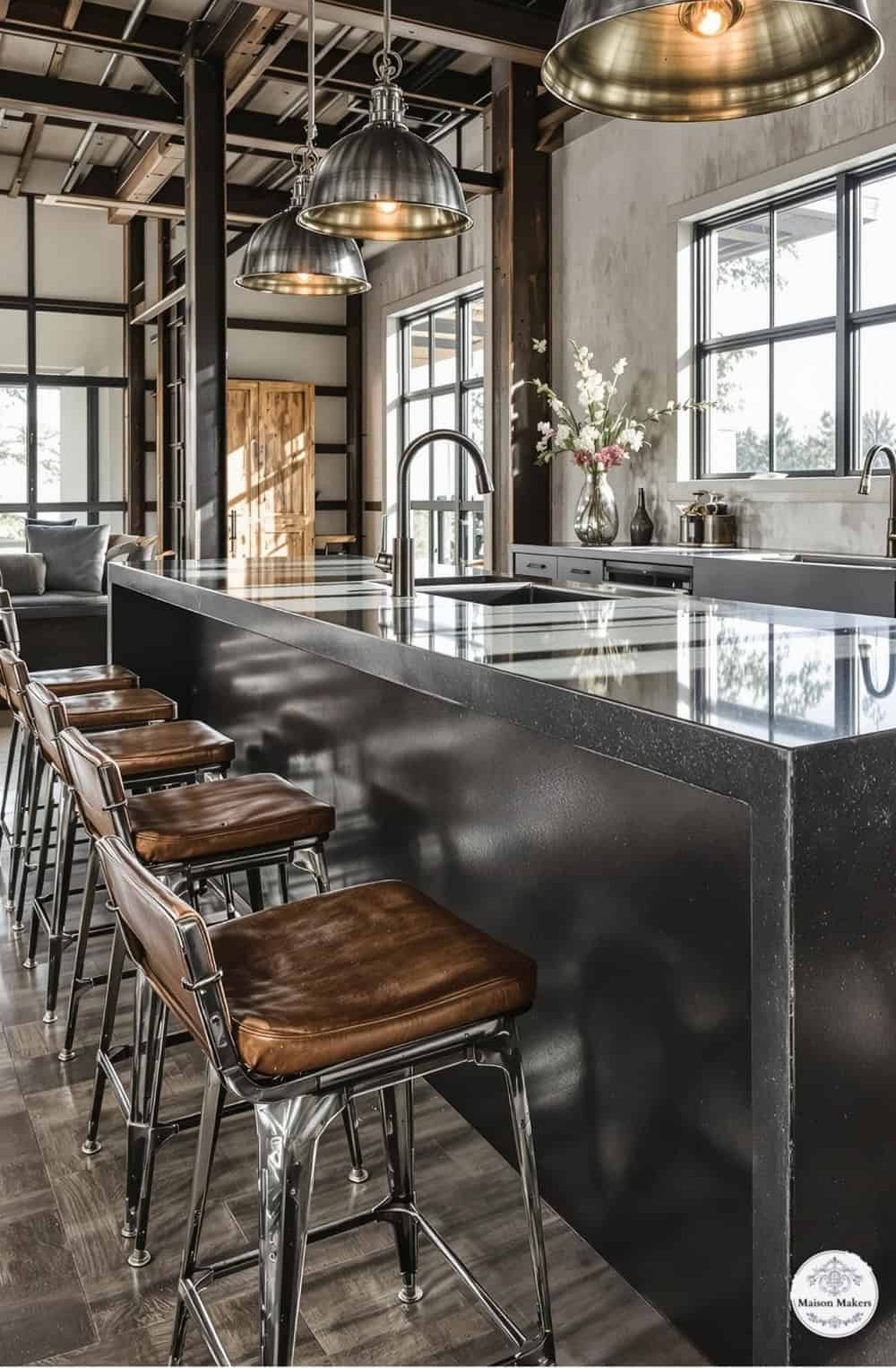 a kitchen with a bar and a bunch of stools
