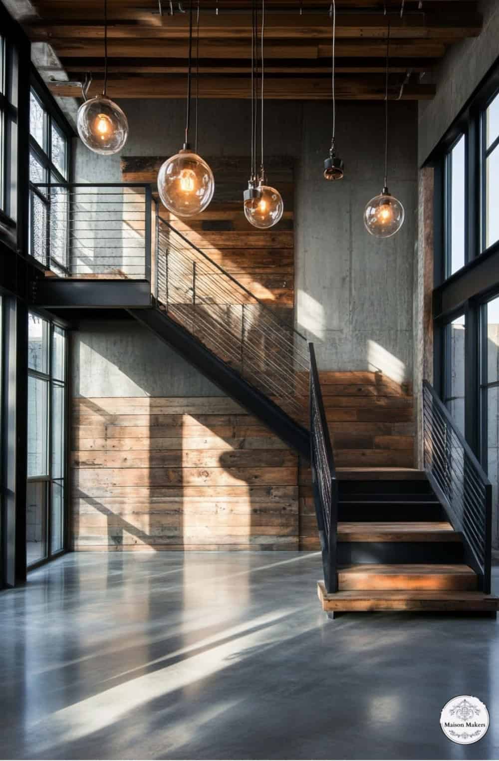 a large open space with a staircase and hanging lights