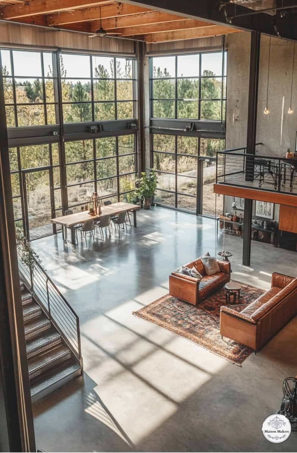 a living room filled with furniture and large windows