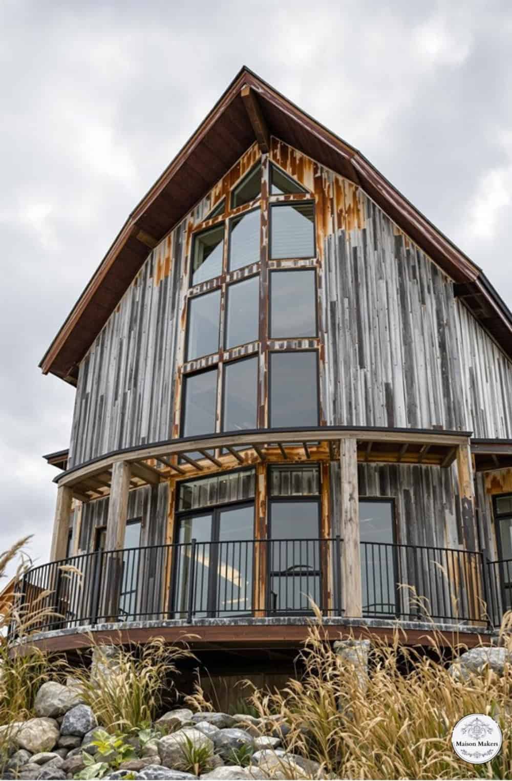 a large wooden building with a balcony and windows