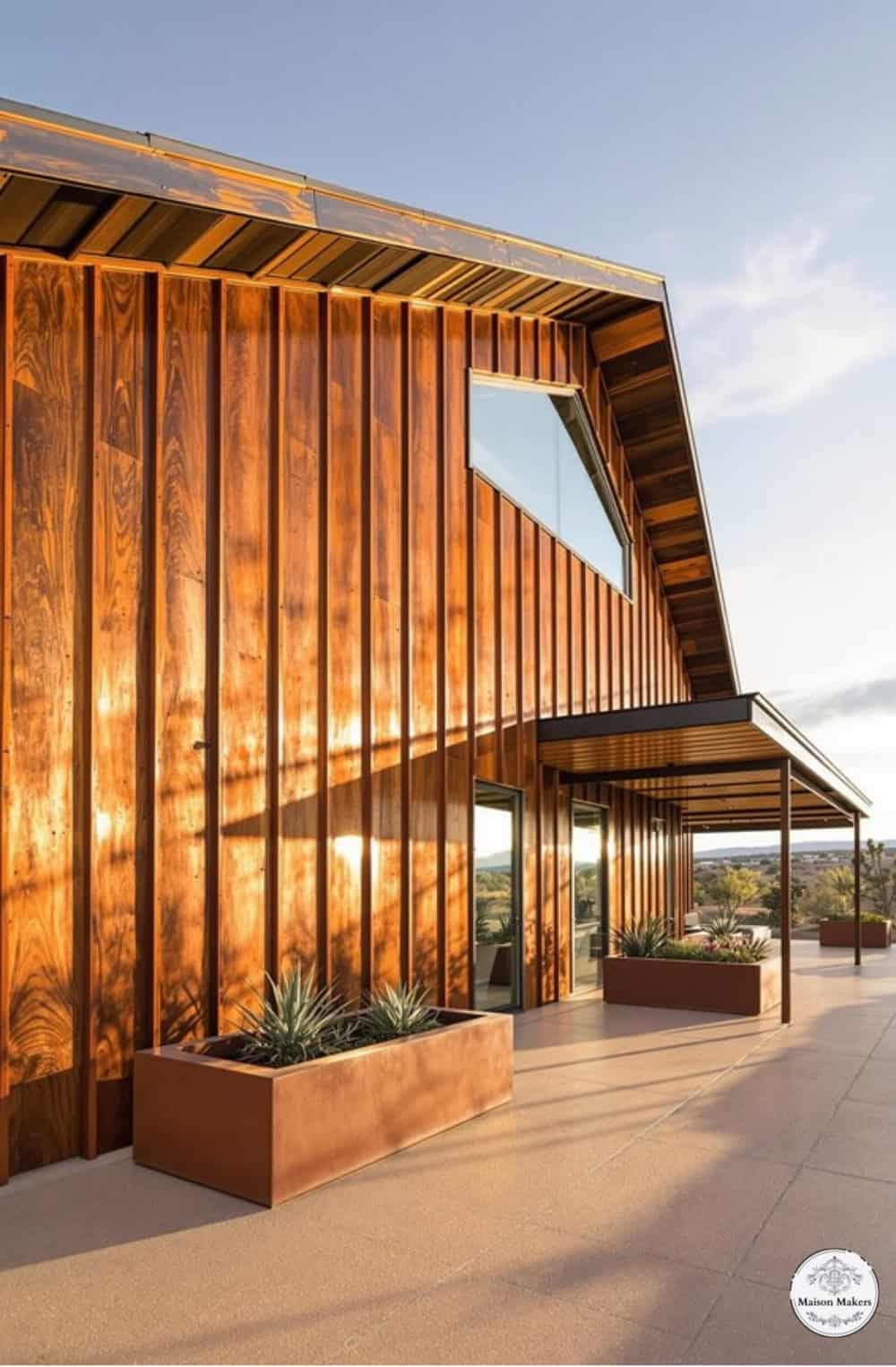 a wooden building with a planter outside of it