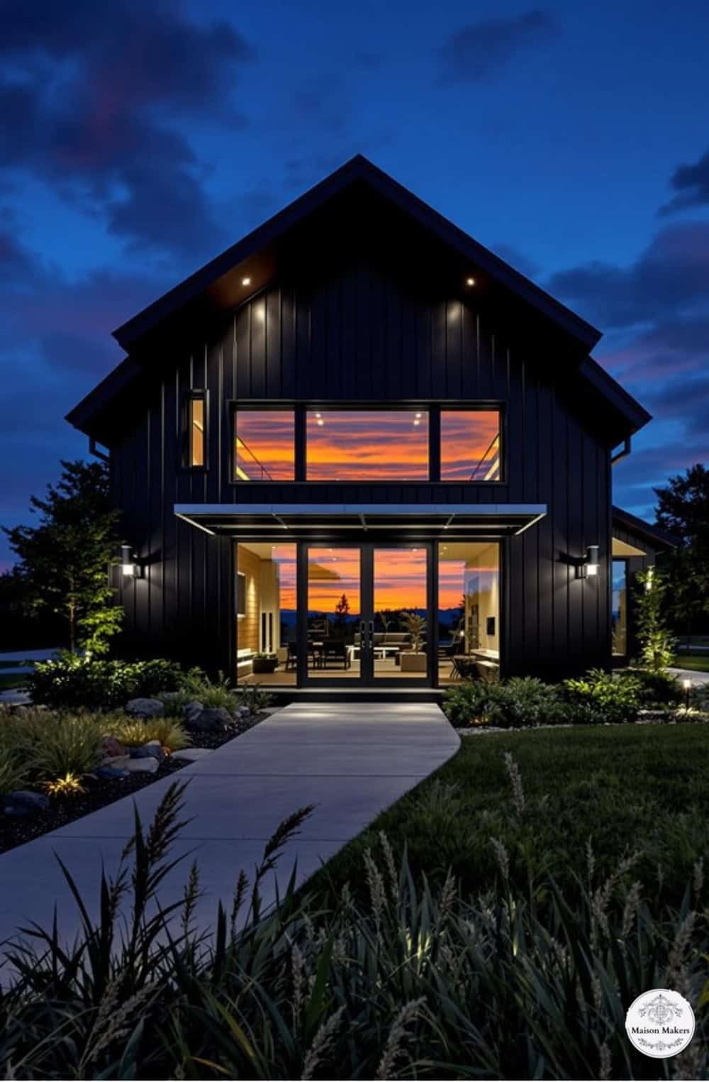 a large black house with a lot of windows