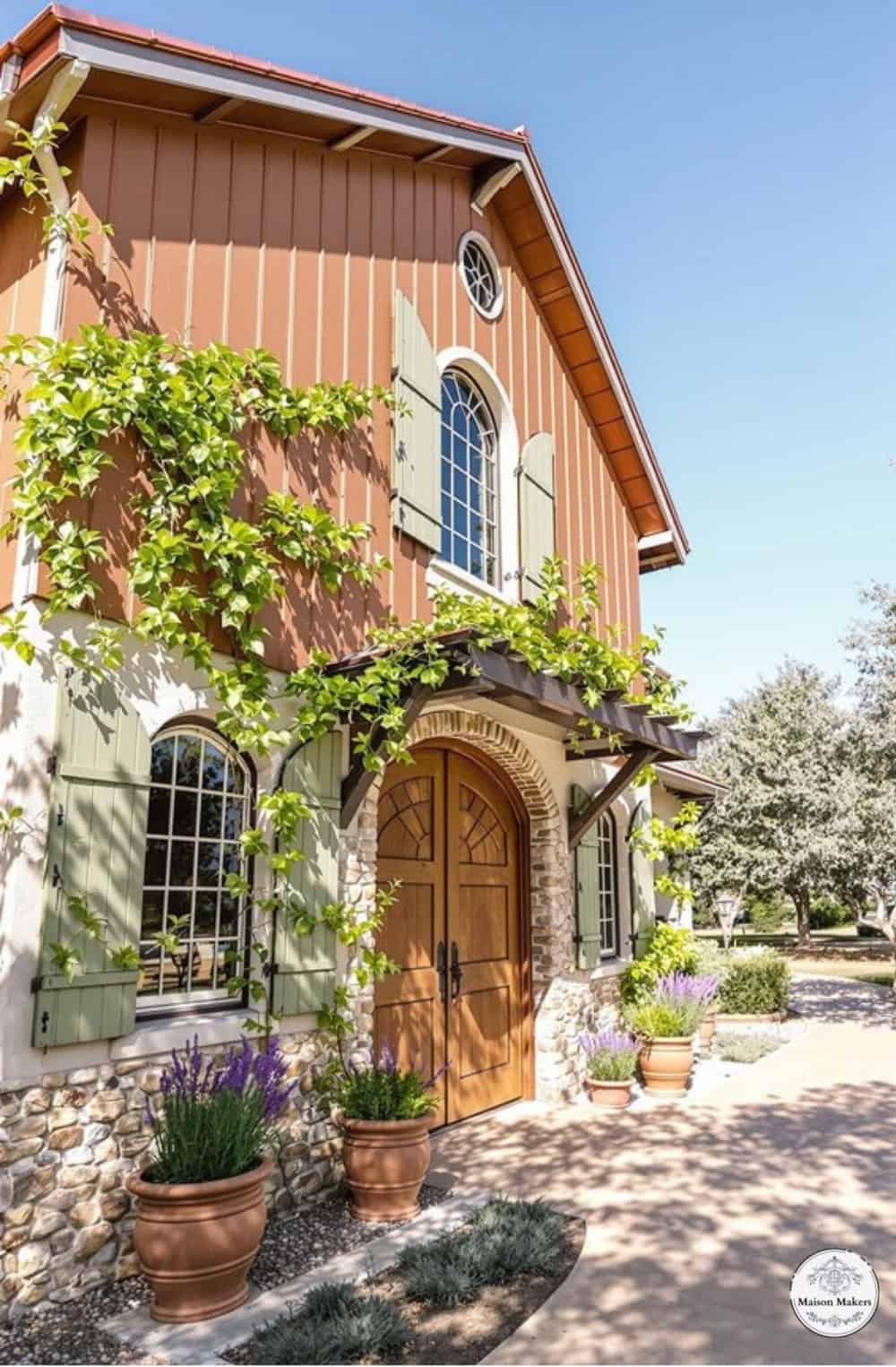 a house that has a lot of plants in front of it