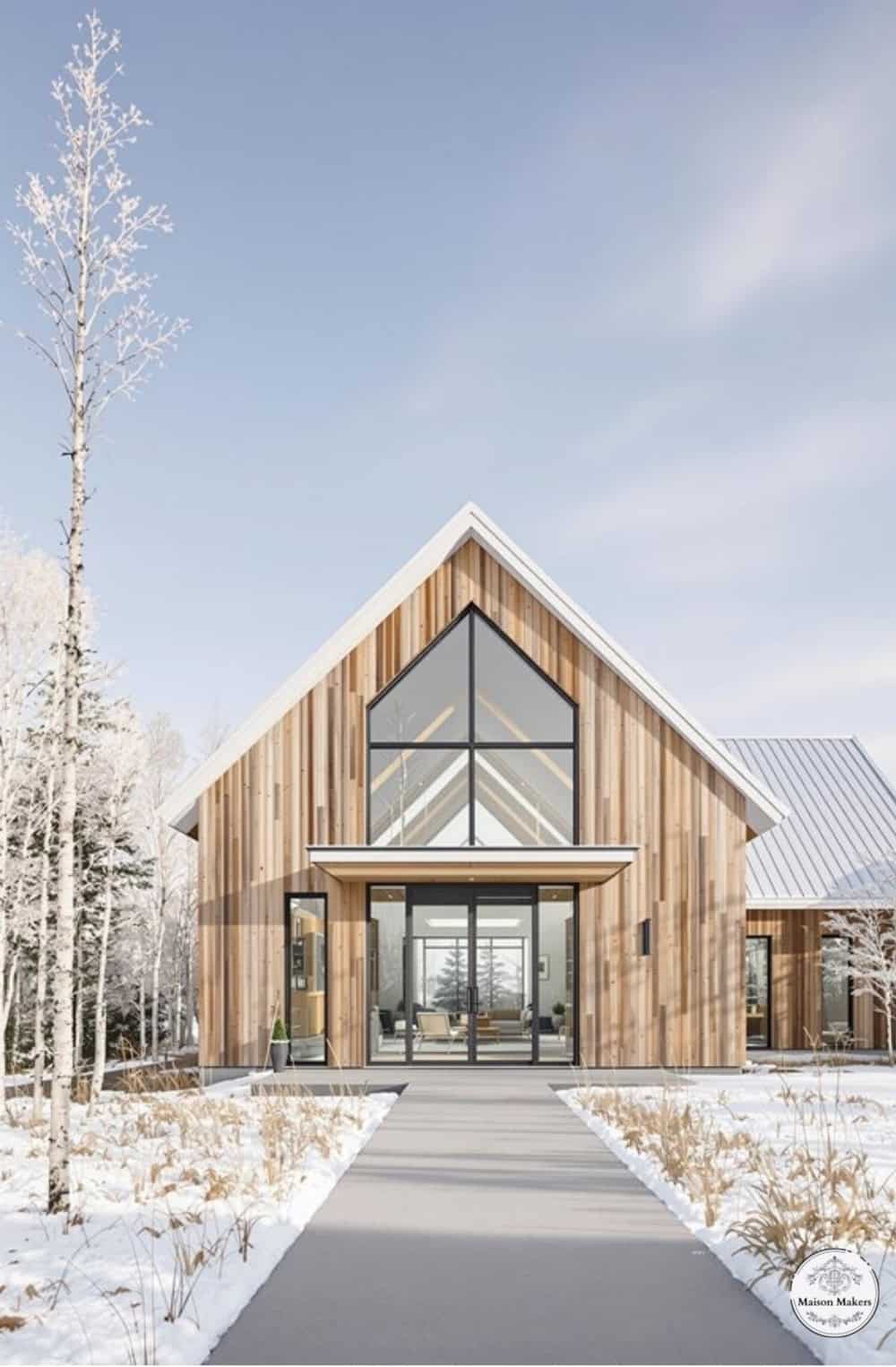 a house with a walkway leading to it in the snow