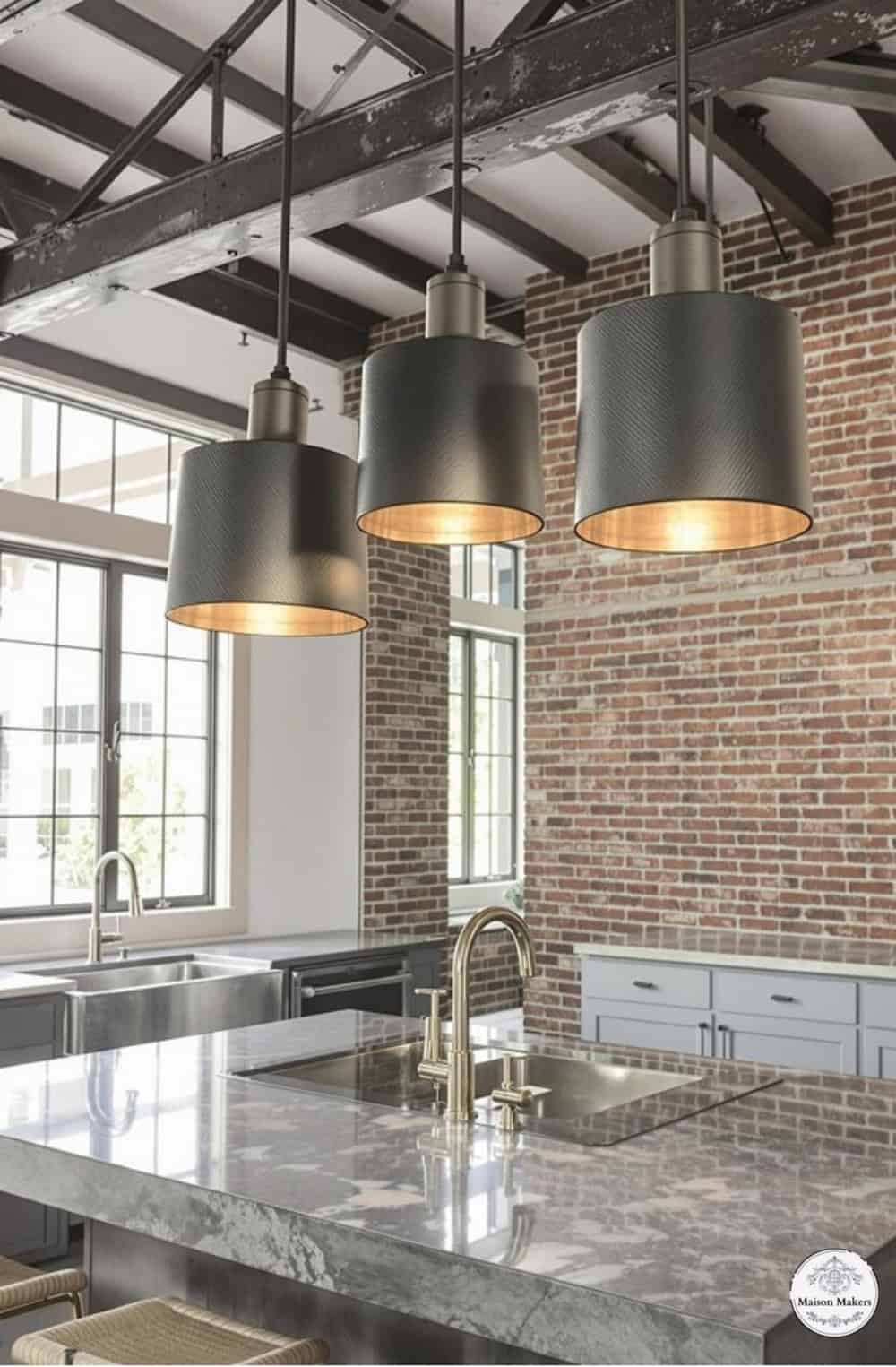 a kitchen with a large island and three lights hanging from the ceiling