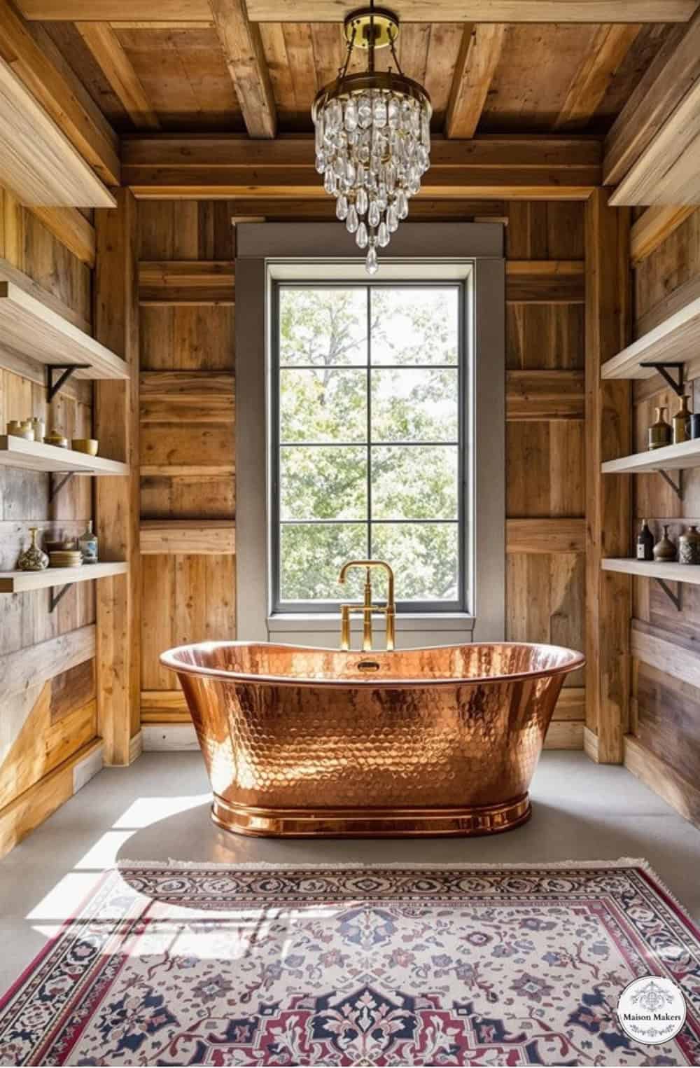 a bathroom with a large copper bathtub in the middle of the room