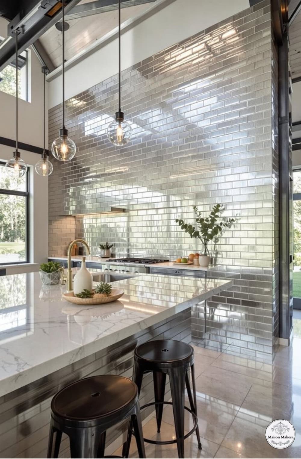 a kitchen with a marble counter top and two stools