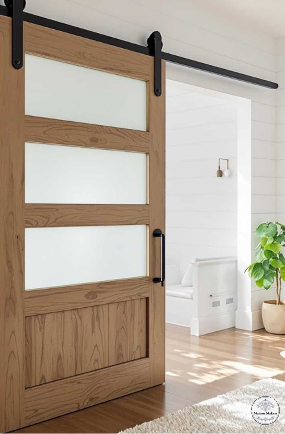 a wooden door with frosted glass in a white room