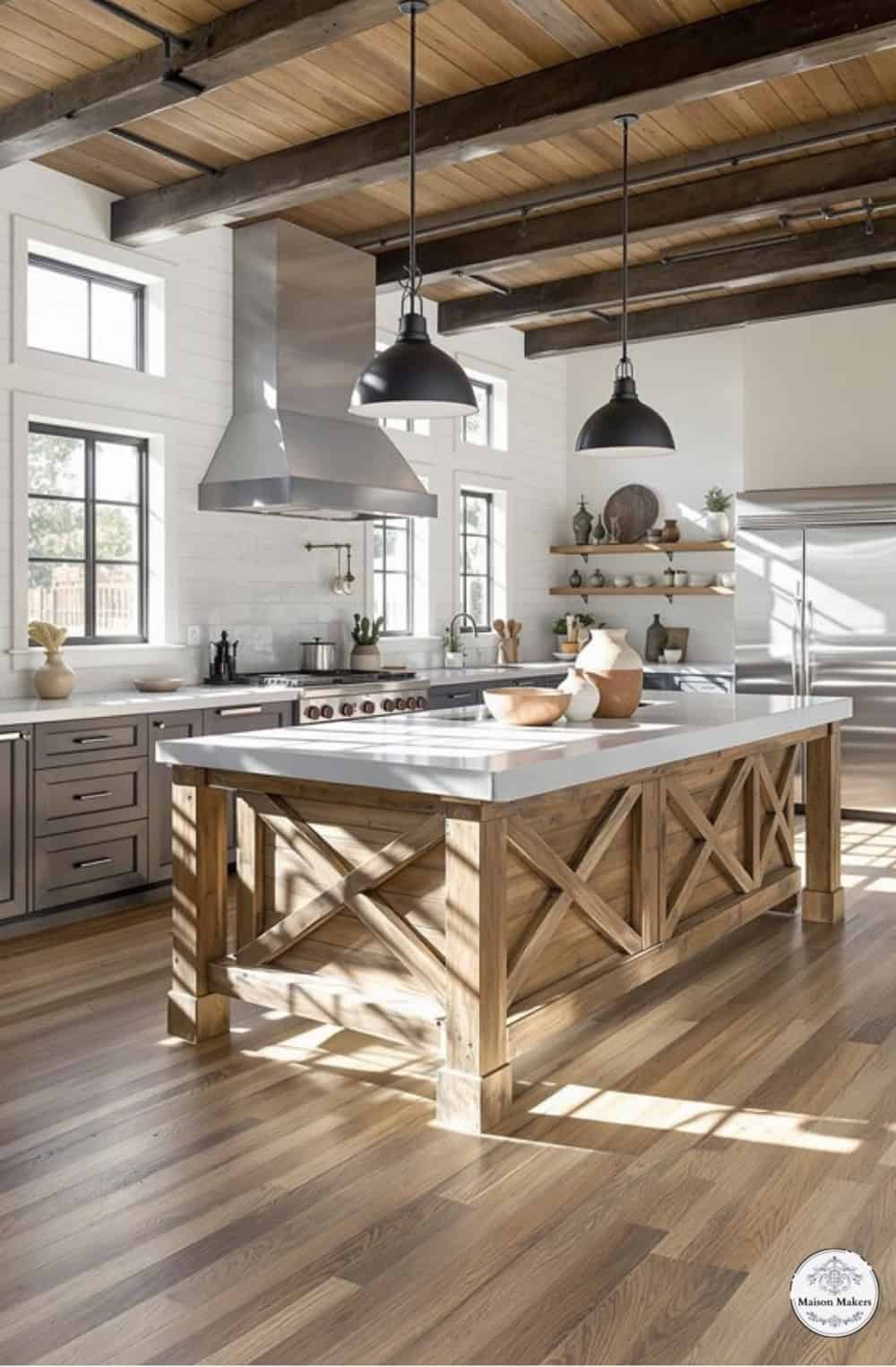a large kitchen with a center island in the middle of the room