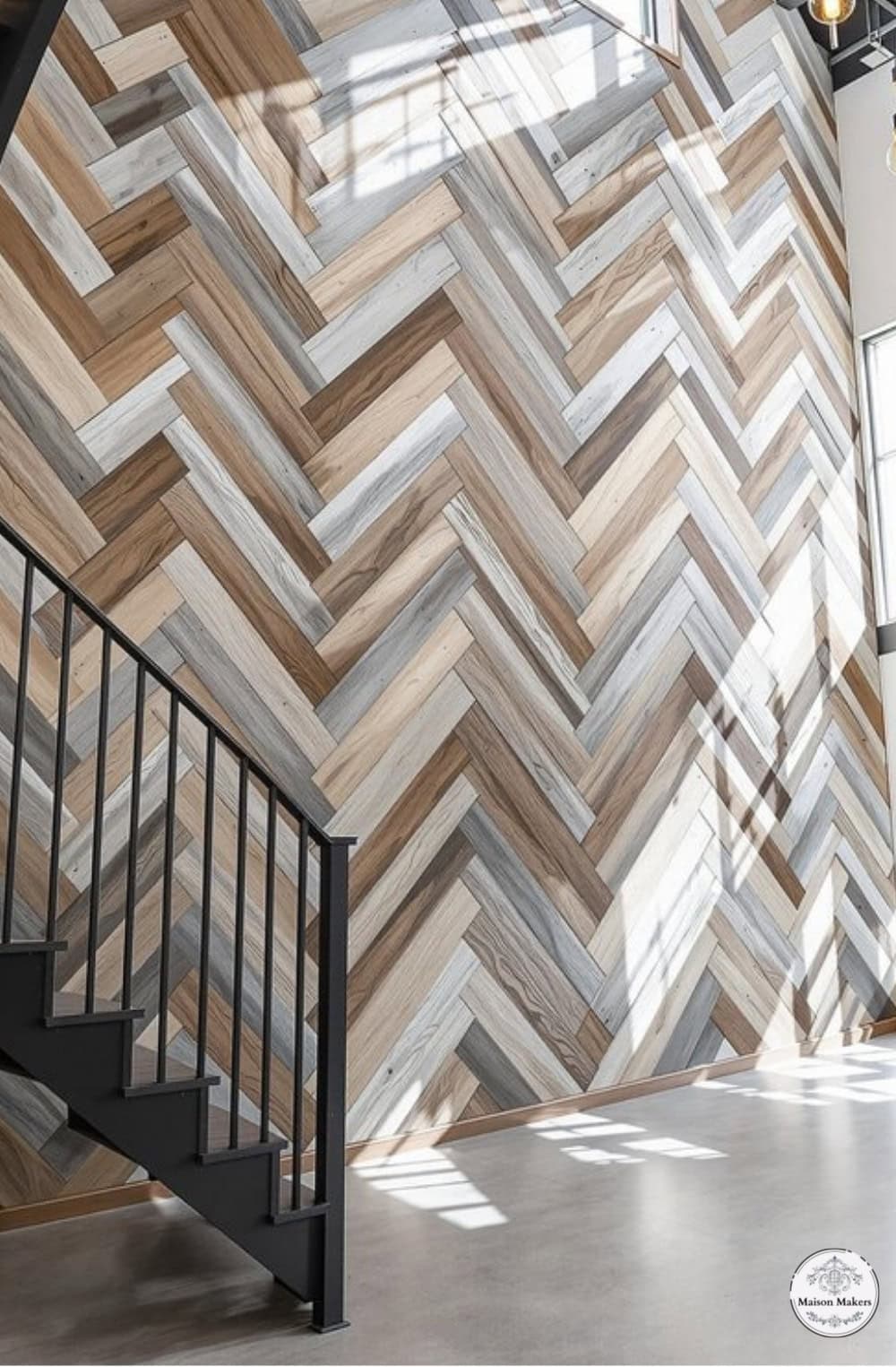 a staircase in a room with a wooden wall