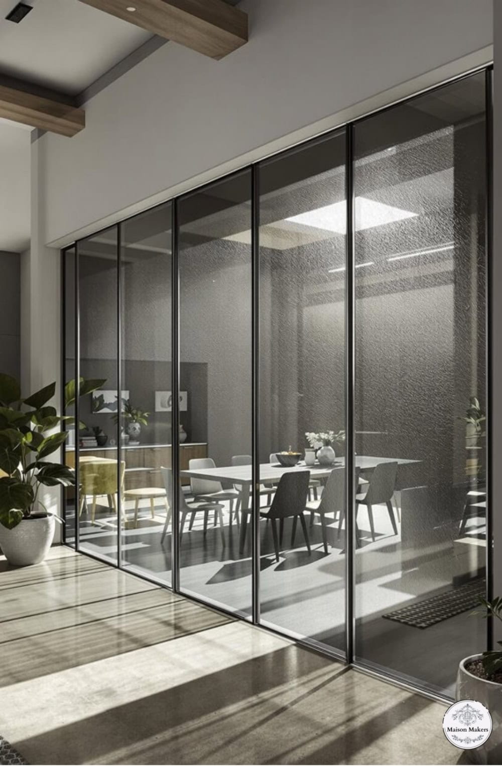 a room with glass walls and a table and chairs