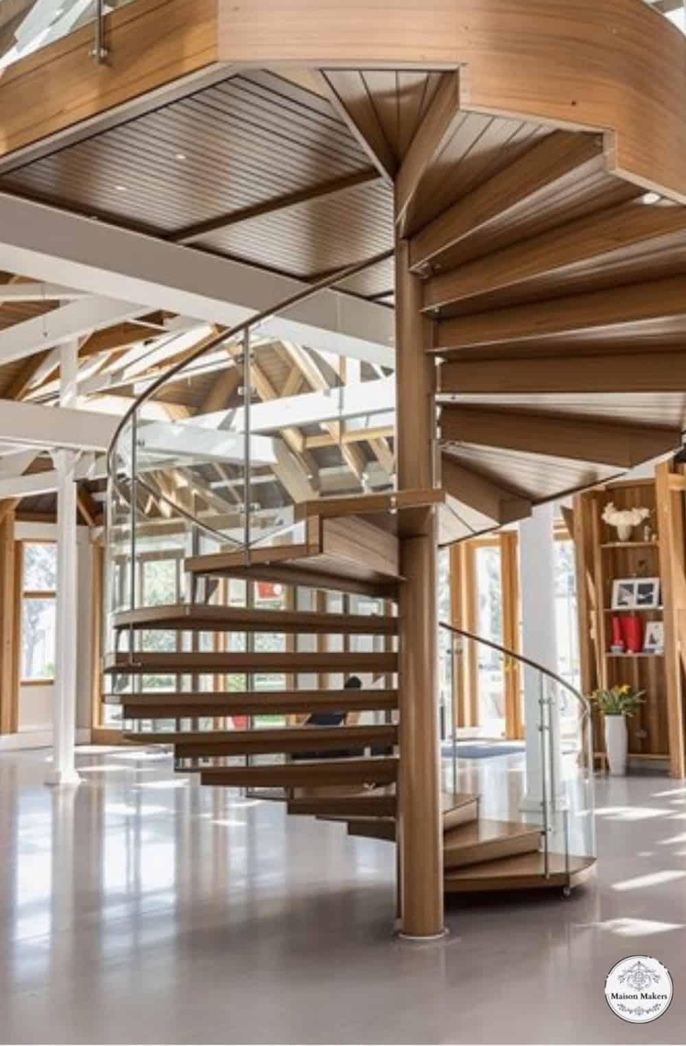 a spiral staircase inside of a large building