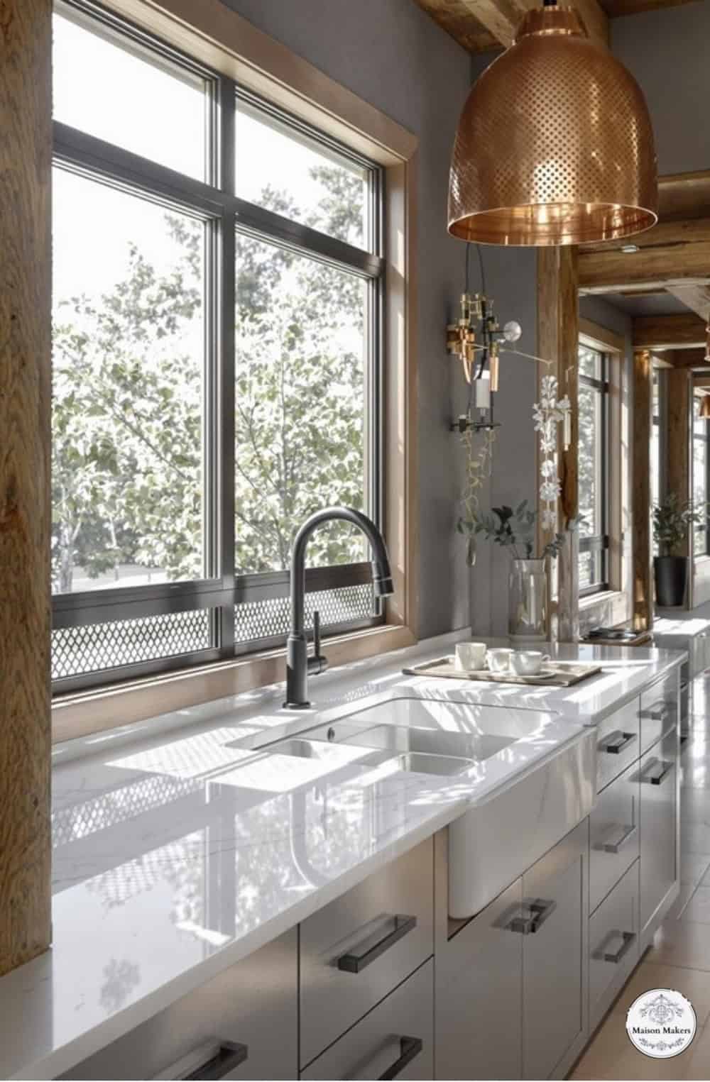 a kitchen with a large sink and a large window