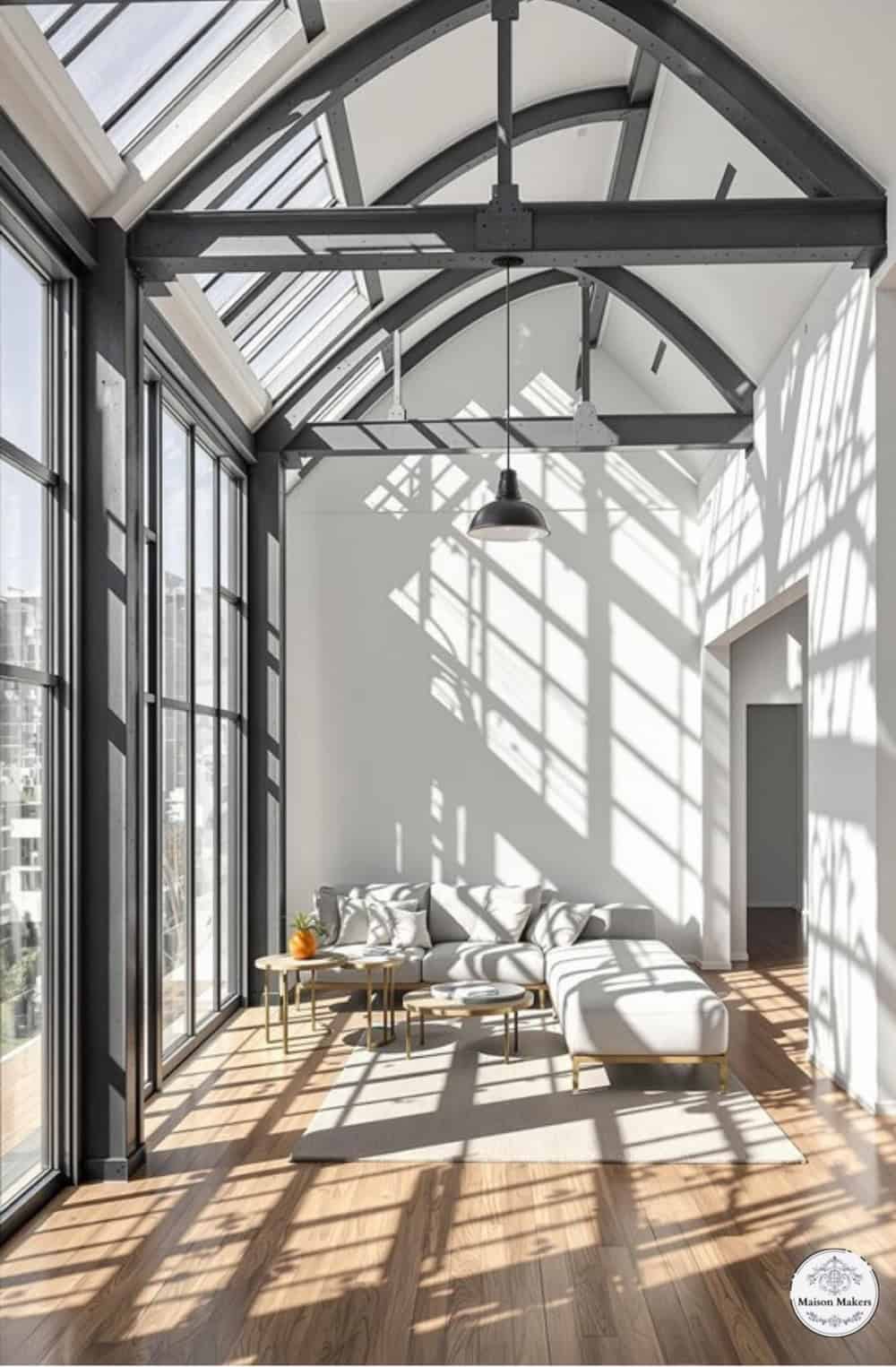 a living room filled with furniture and lots of windows
