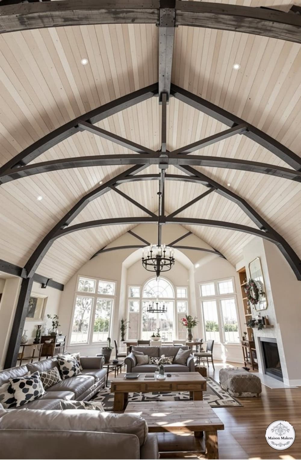 a living room filled with furniture and a vaulted ceiling
