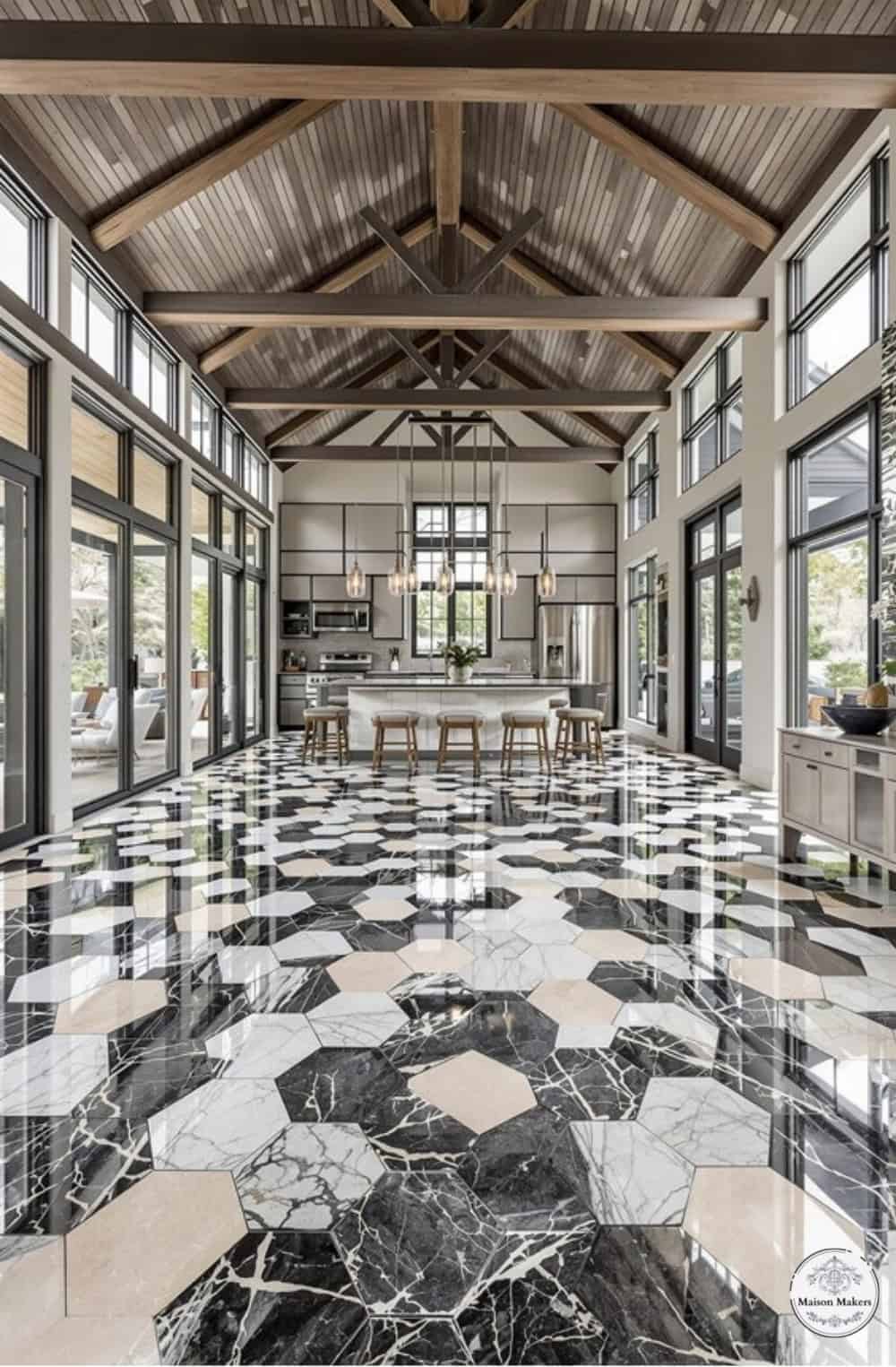 a large room with black and white marble flooring