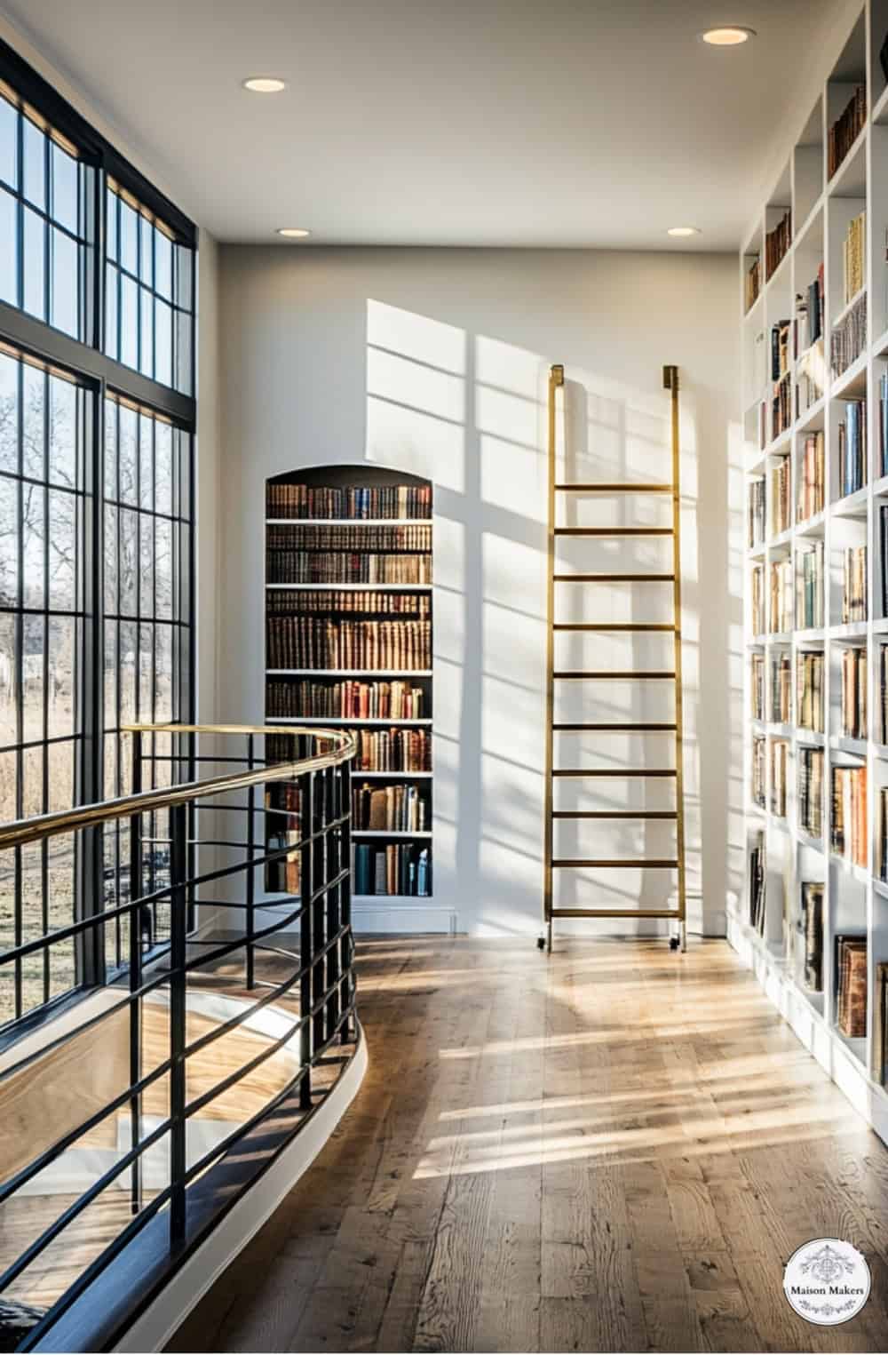 a room filled with lots of books and a ladder