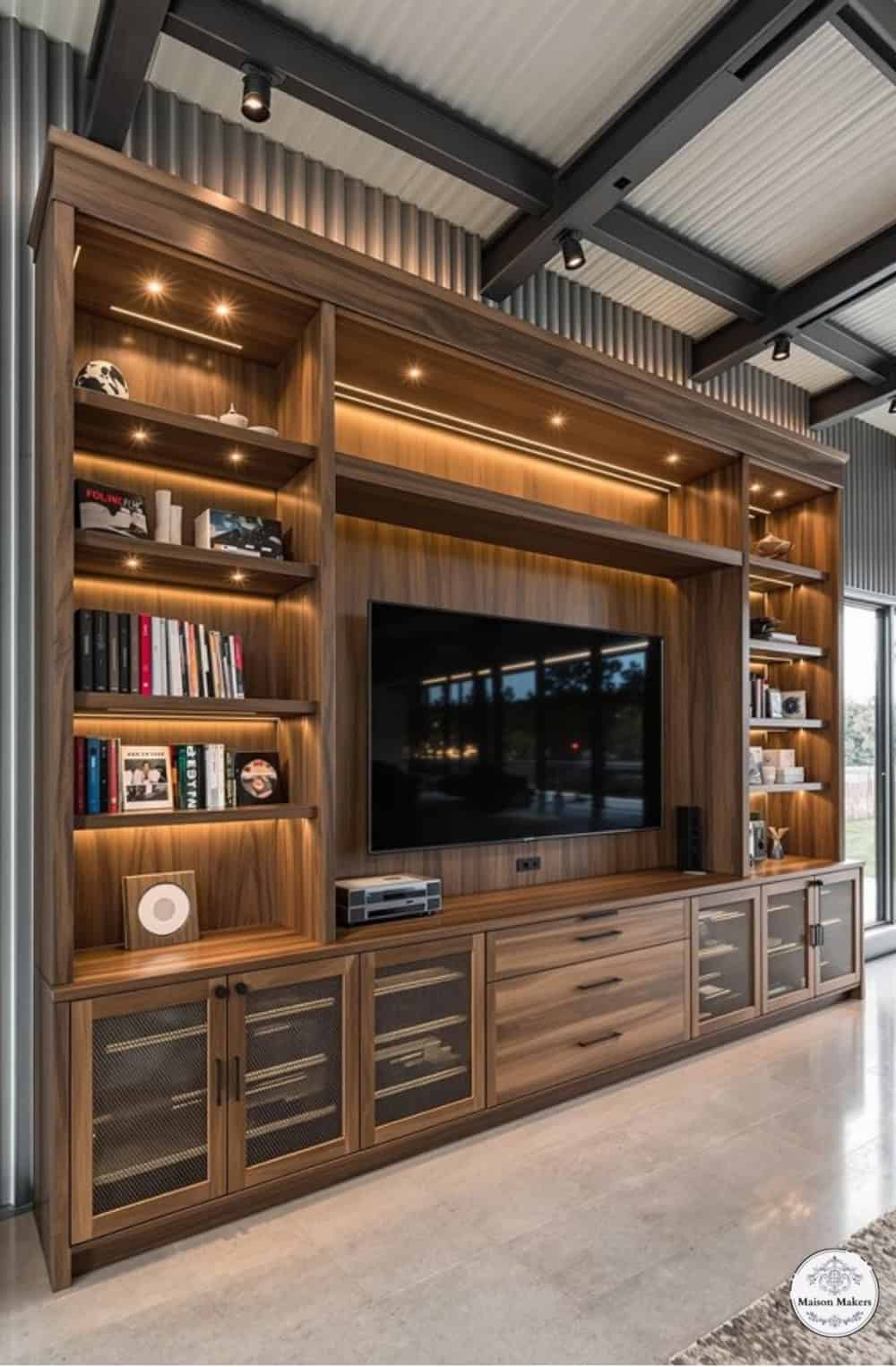 a living room with a large entertainment center