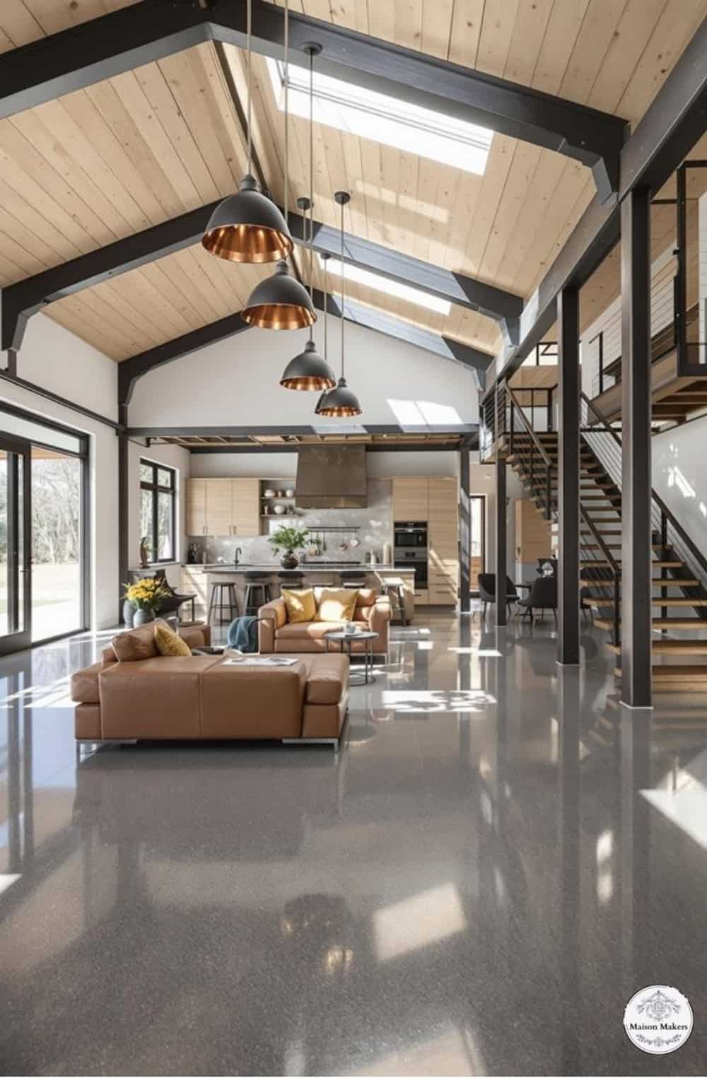 a living room with a couch a chair and a staircase