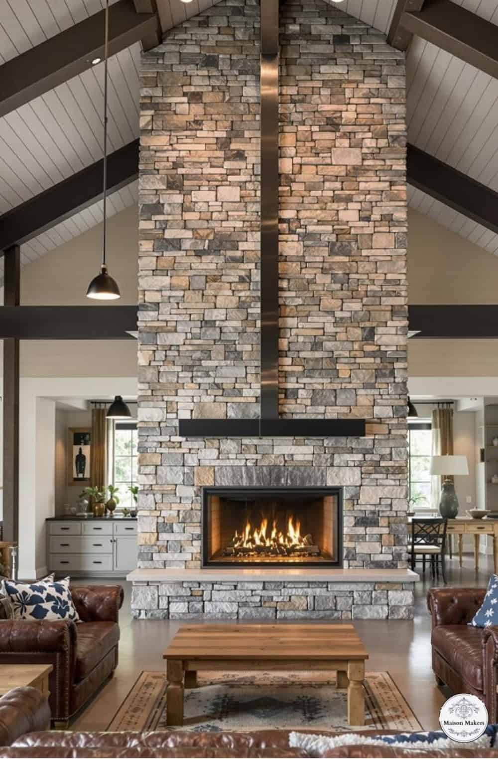 a living room with a fire place and couches