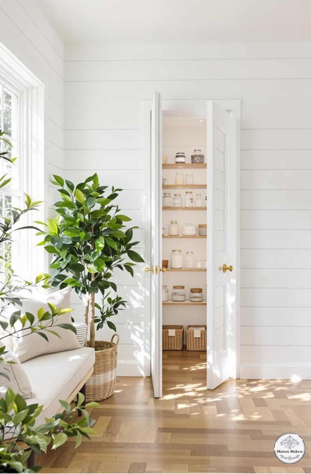a living room with white walls and wooden floors