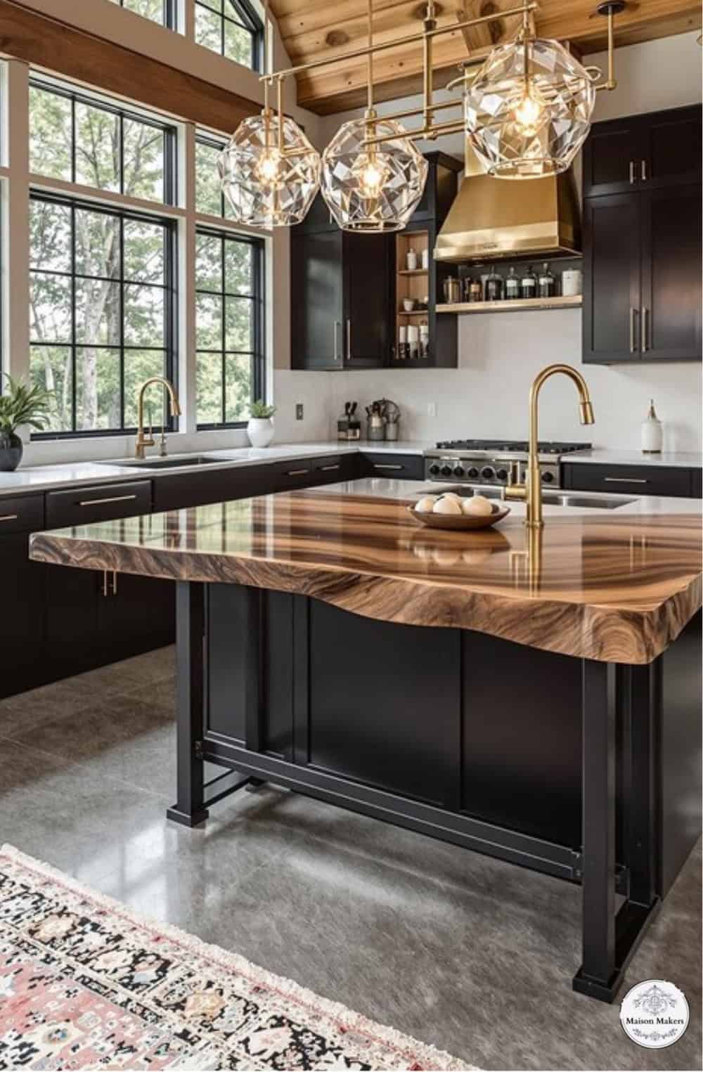 a kitchen with a large island in the middle of it