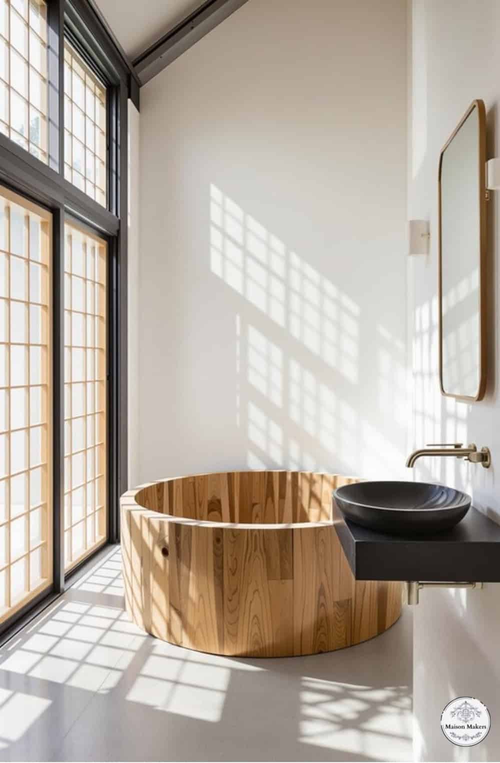a bathroom with a large wooden bathtub next to a sink
