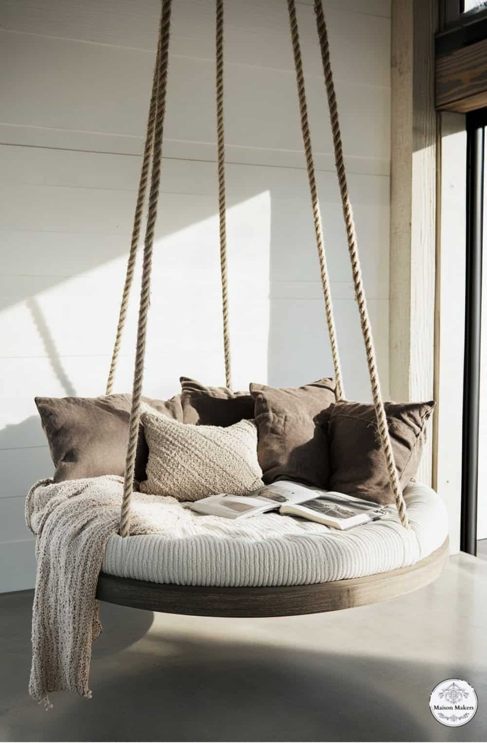 a swing bed hanging from a ceiling in a room