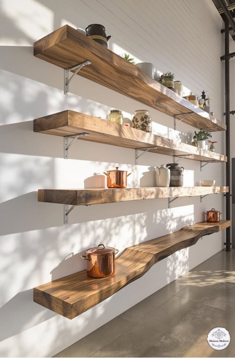 a white wall with shelves filled with pots and pans