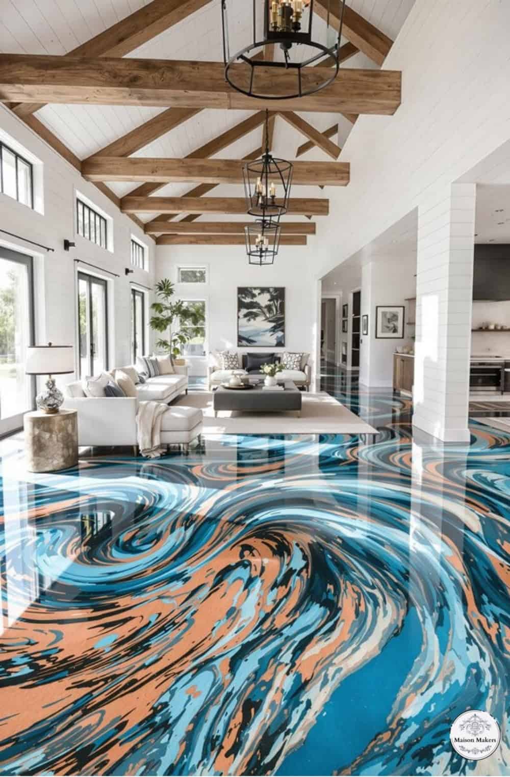 a living room with a blue and orange floor