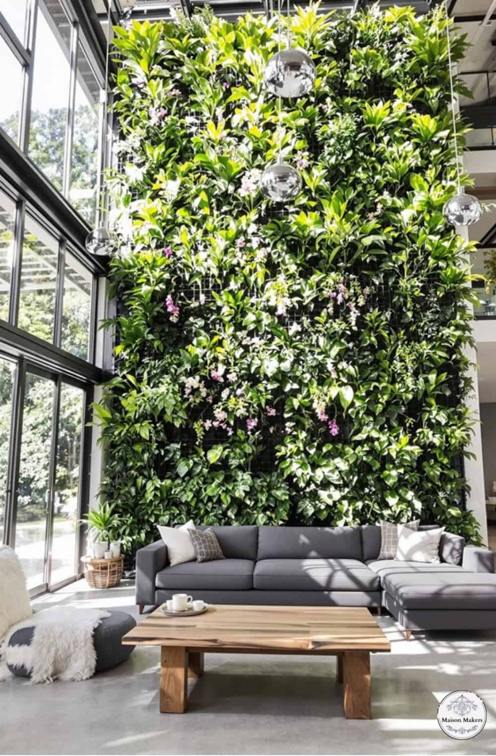 a living room filled with furniture and a green wall
