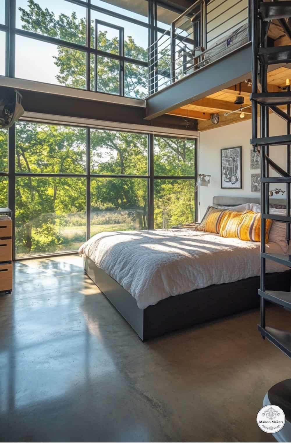 a bedroom with a bed and a large window