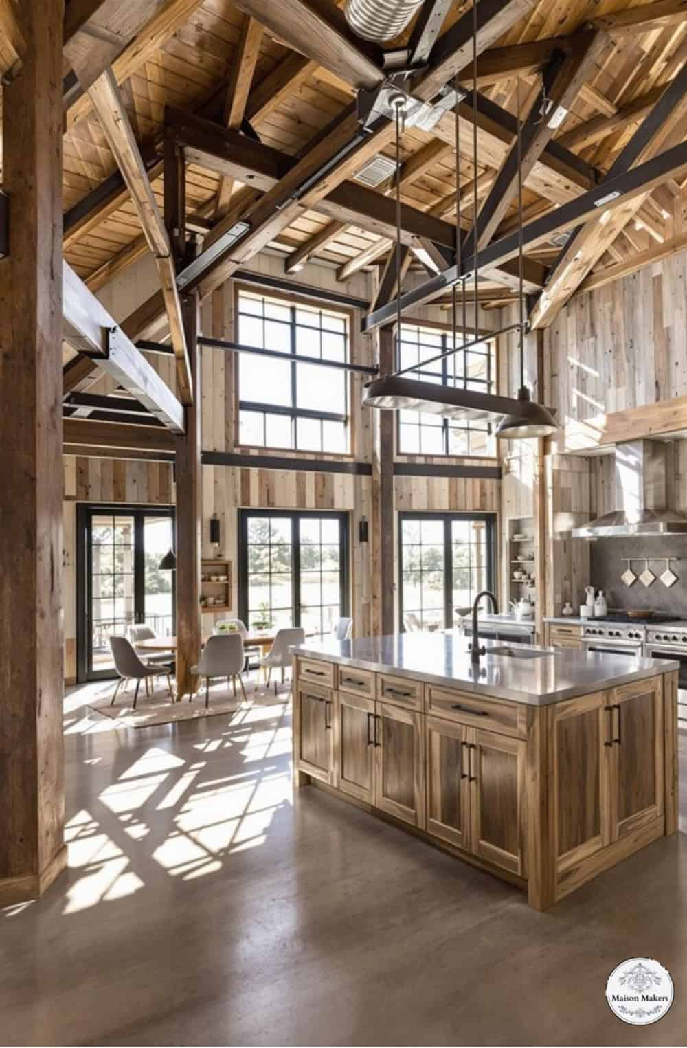 a large kitchen with a center island in the middle of the room