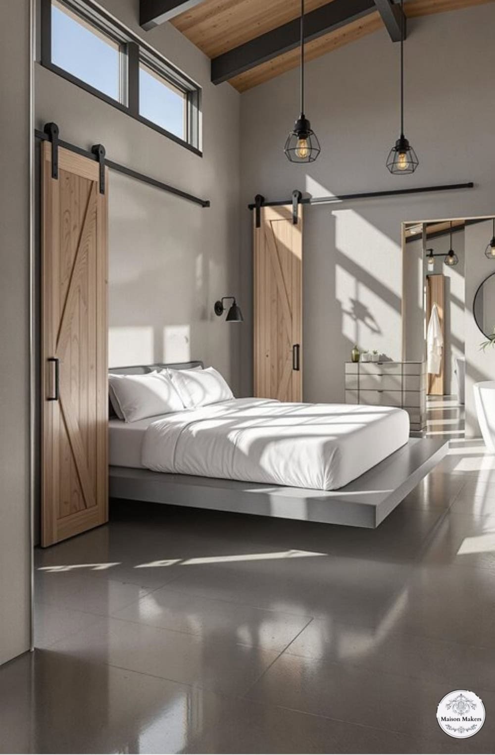 a bedroom with a large bed and wooden doors