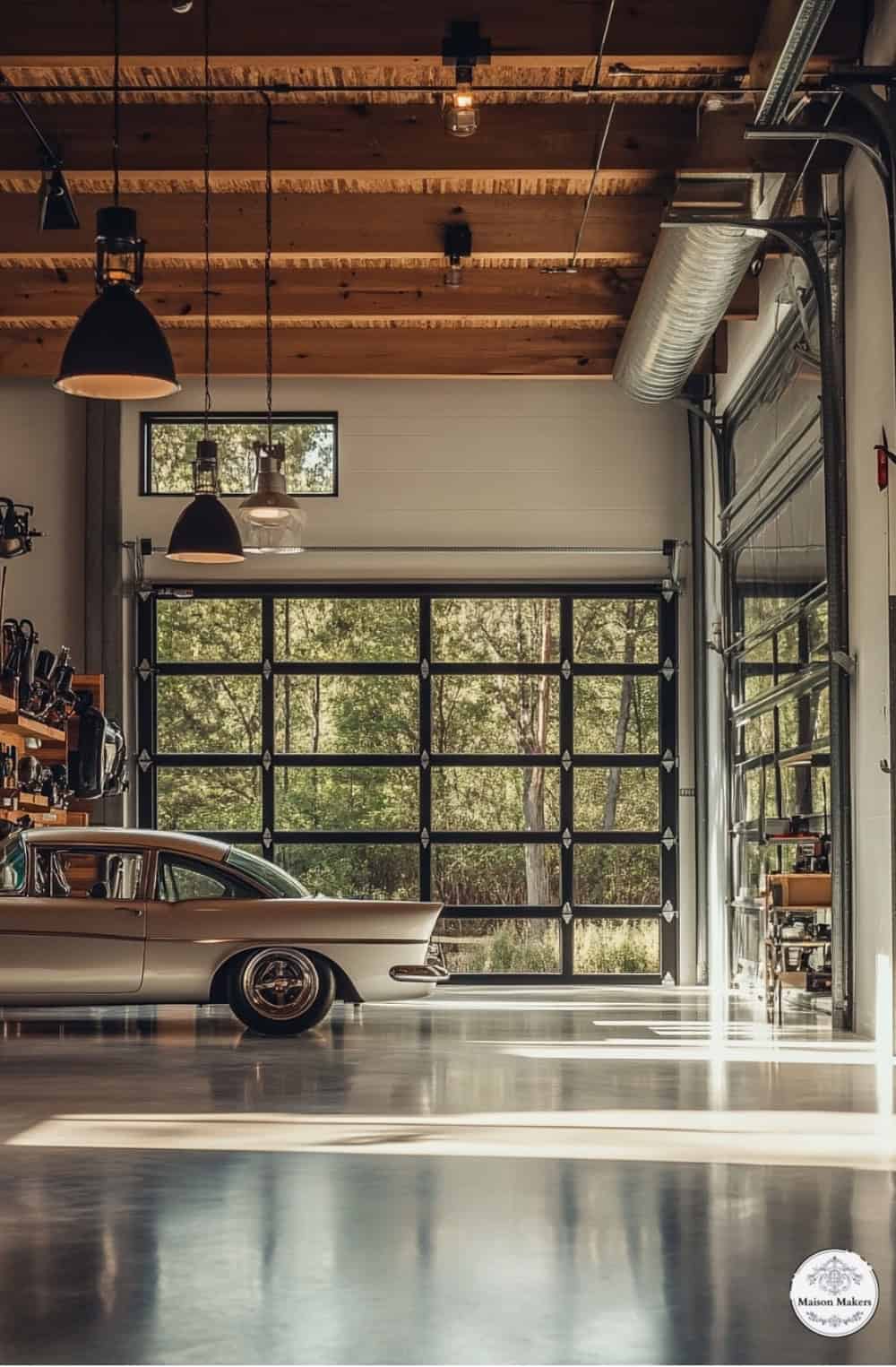 a car parked inside of a garage next to a window