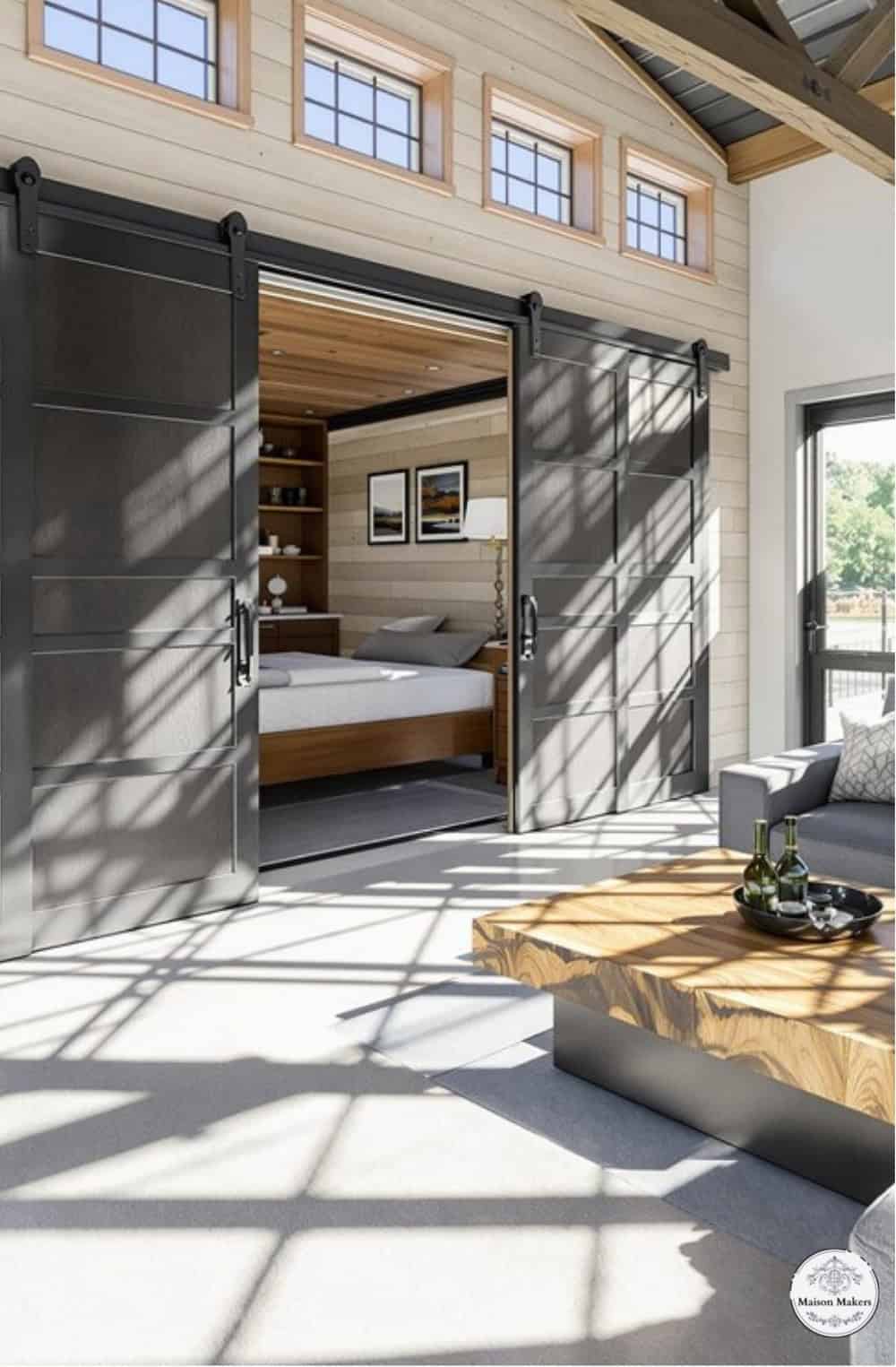 a living room filled with furniture and a sliding door