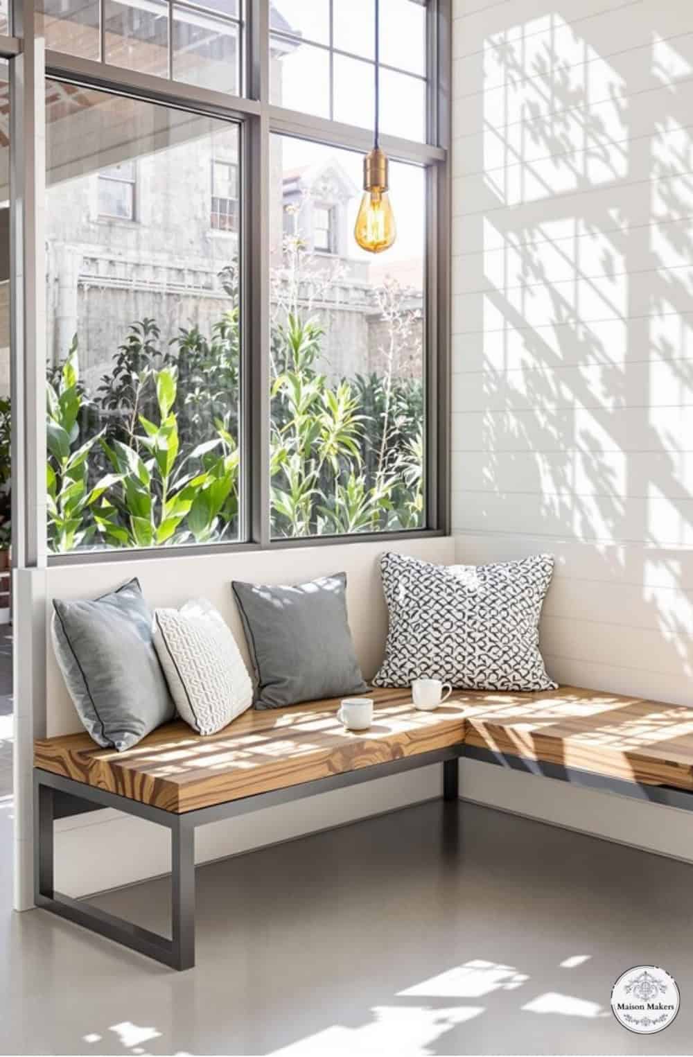 a wooden bench sitting in front of a window