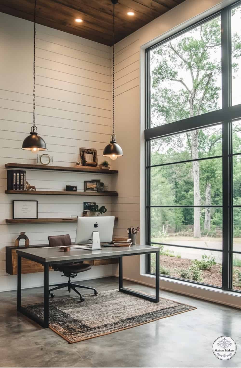 a home office with a large window and a desk