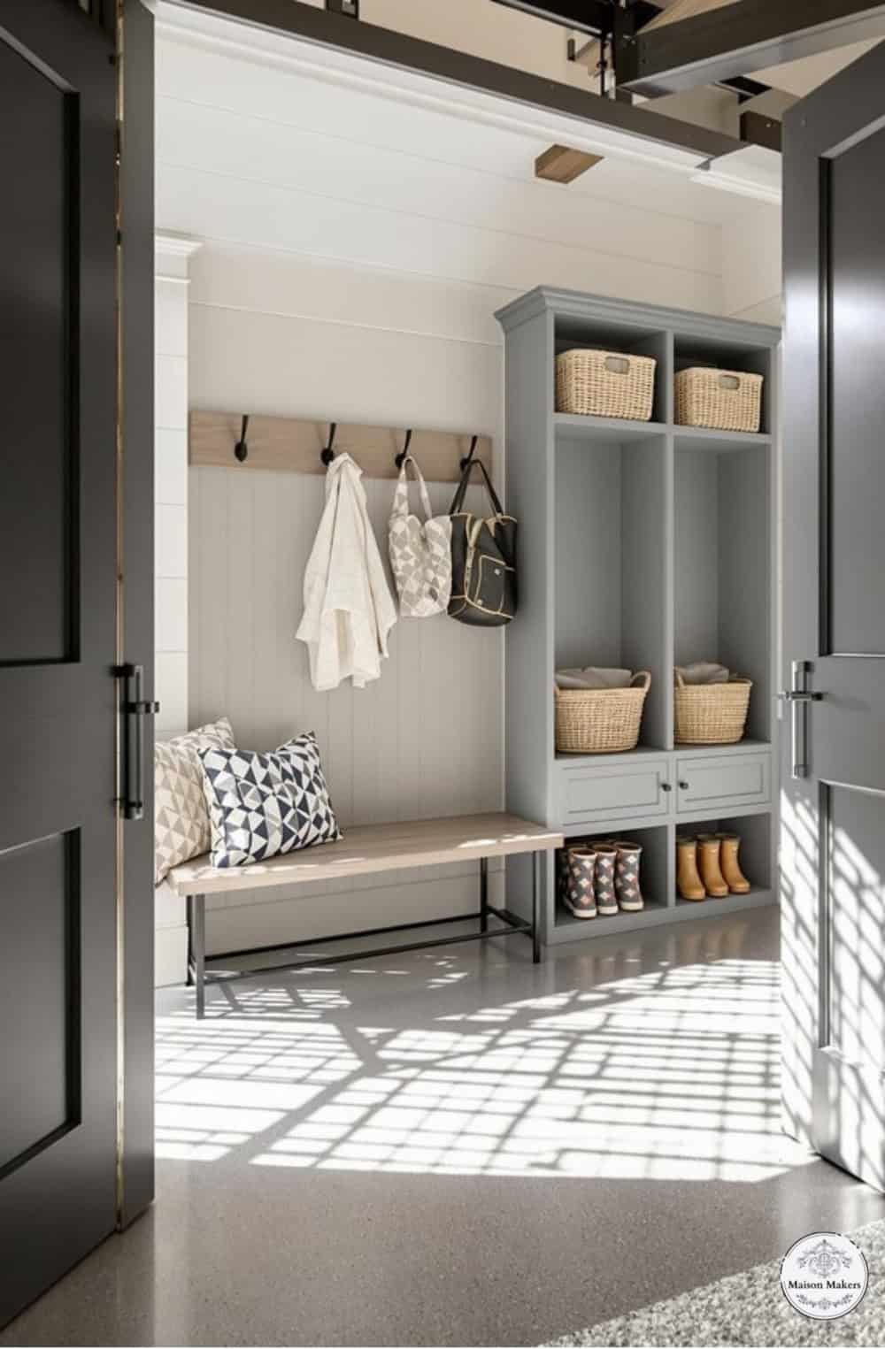 a room with a bench and a coat rack
