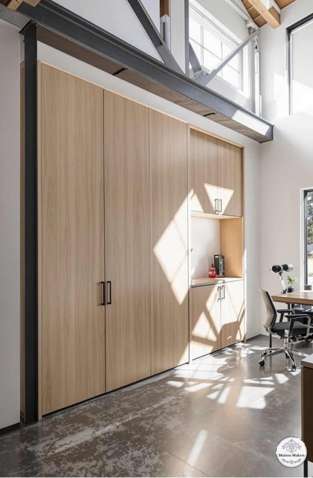a room with a desk a chair and a window