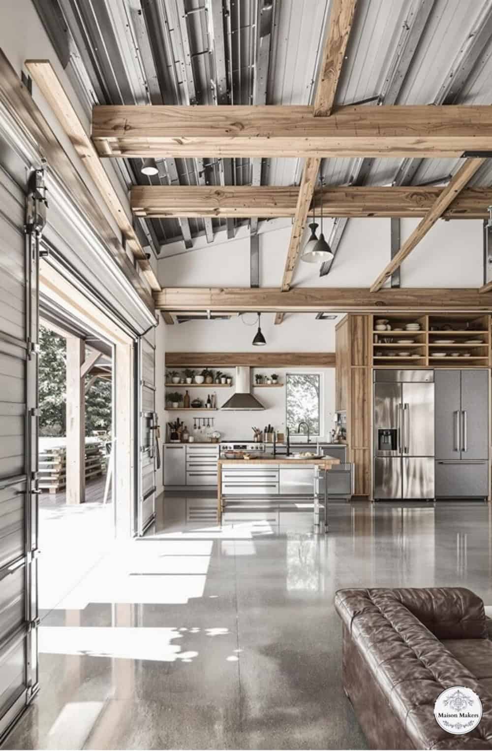 a living room with a couch a table and a refrigerator