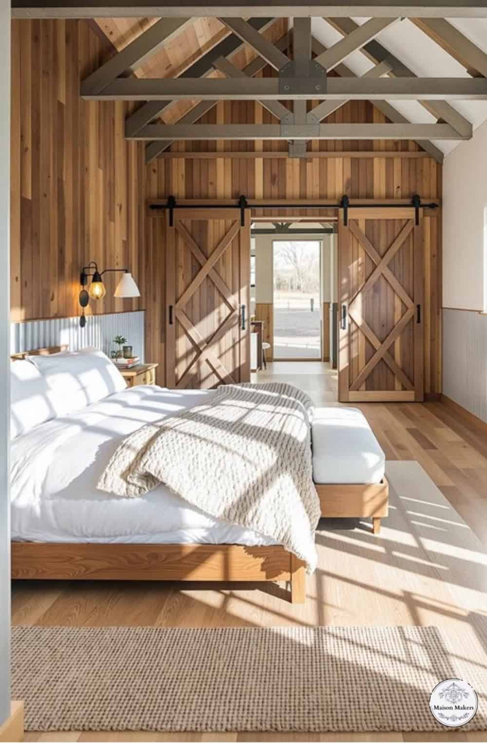 a bedroom with wood paneling and a large bed