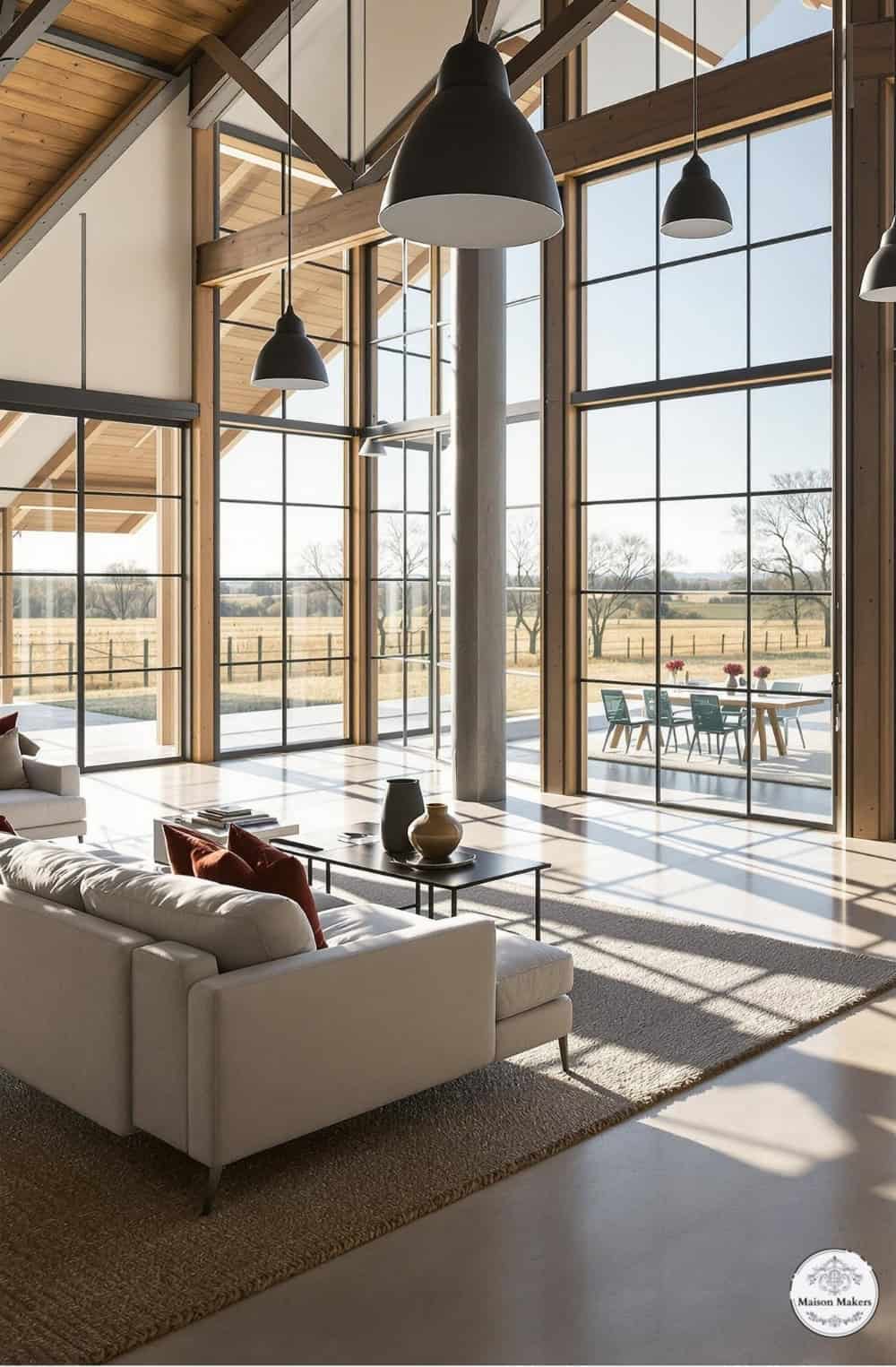 a living room filled with furniture and large windows