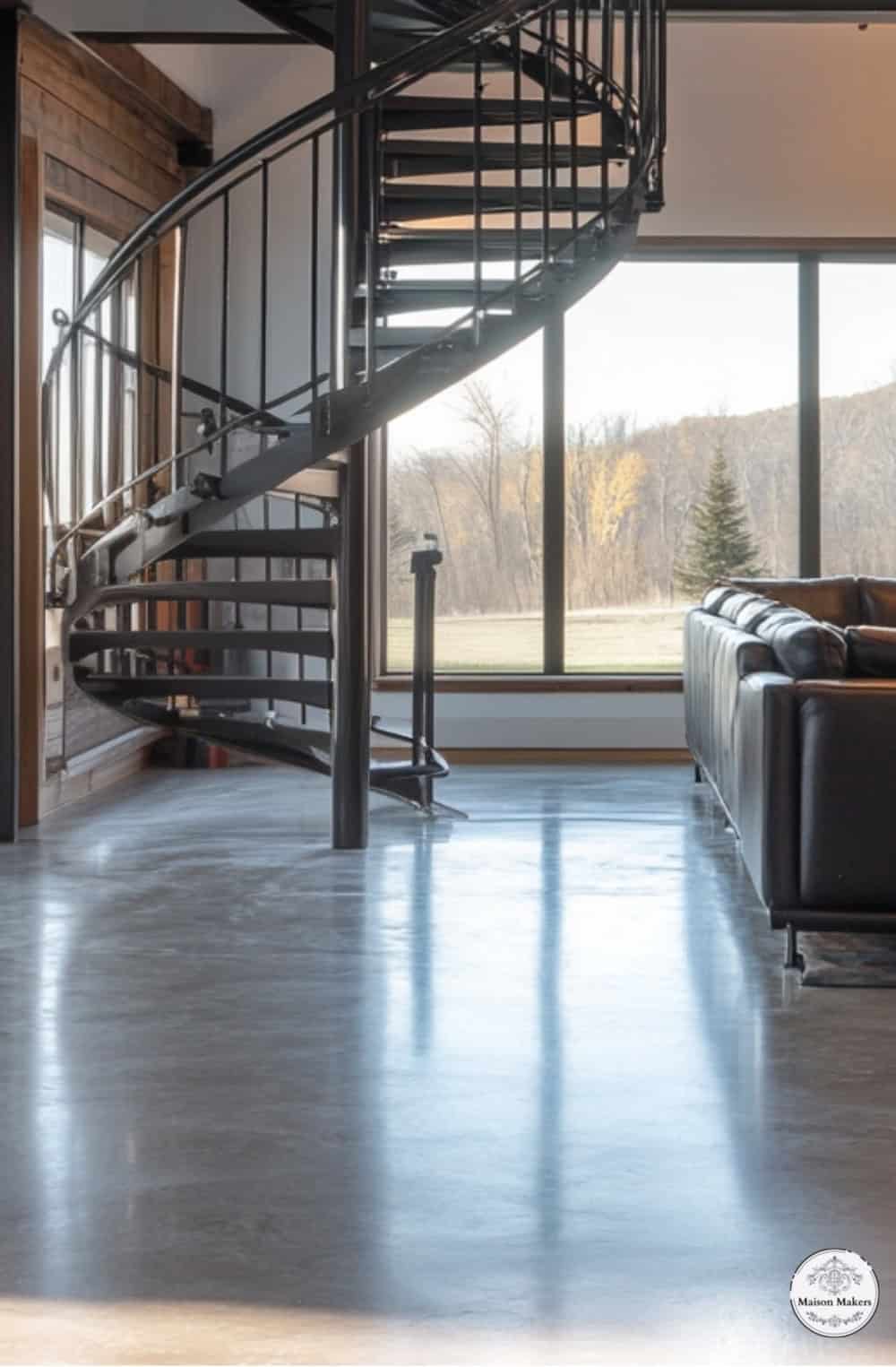 a living room filled with furniture and a spiral staircase