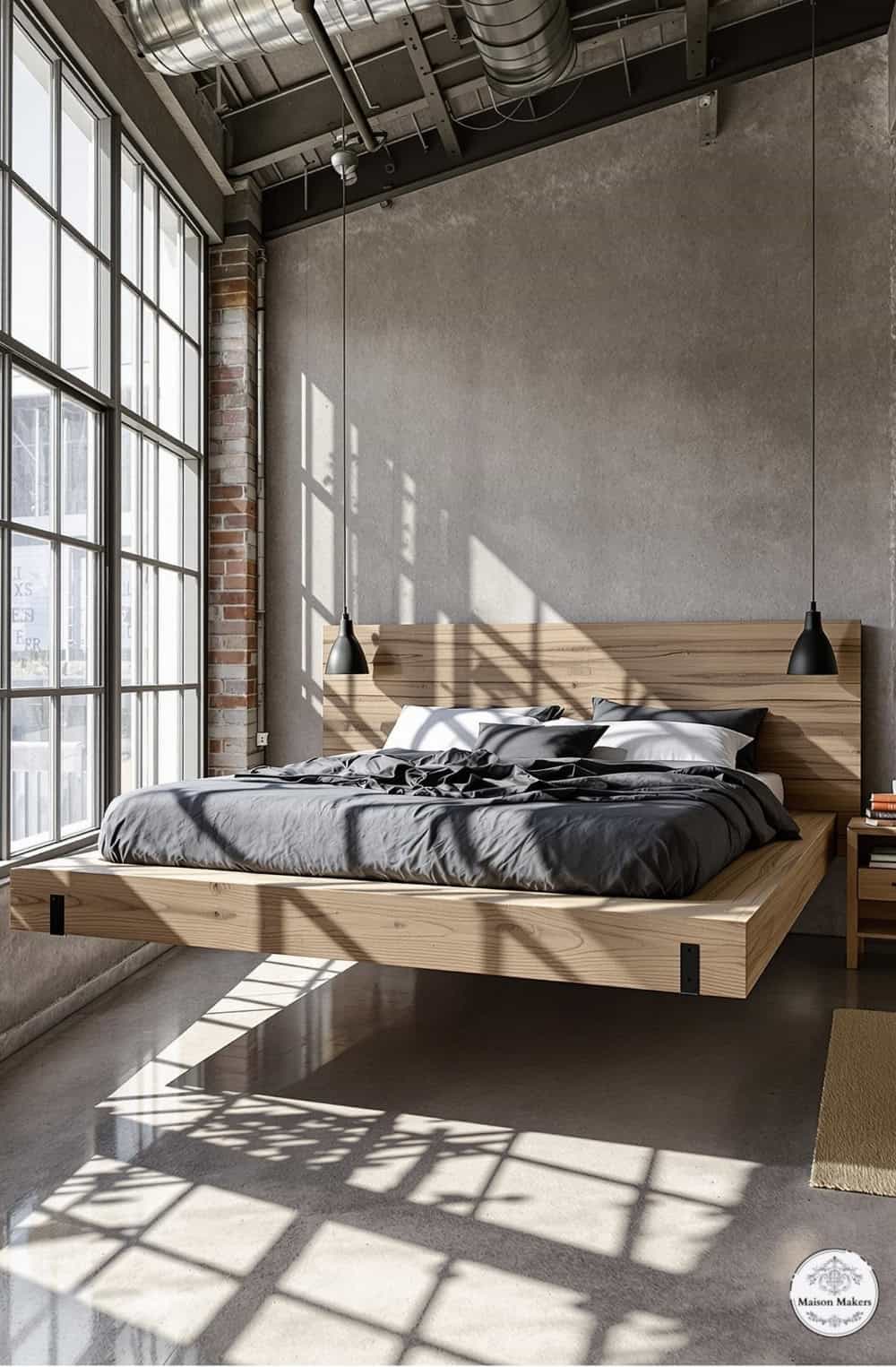 a bed sitting in a bedroom next to a window